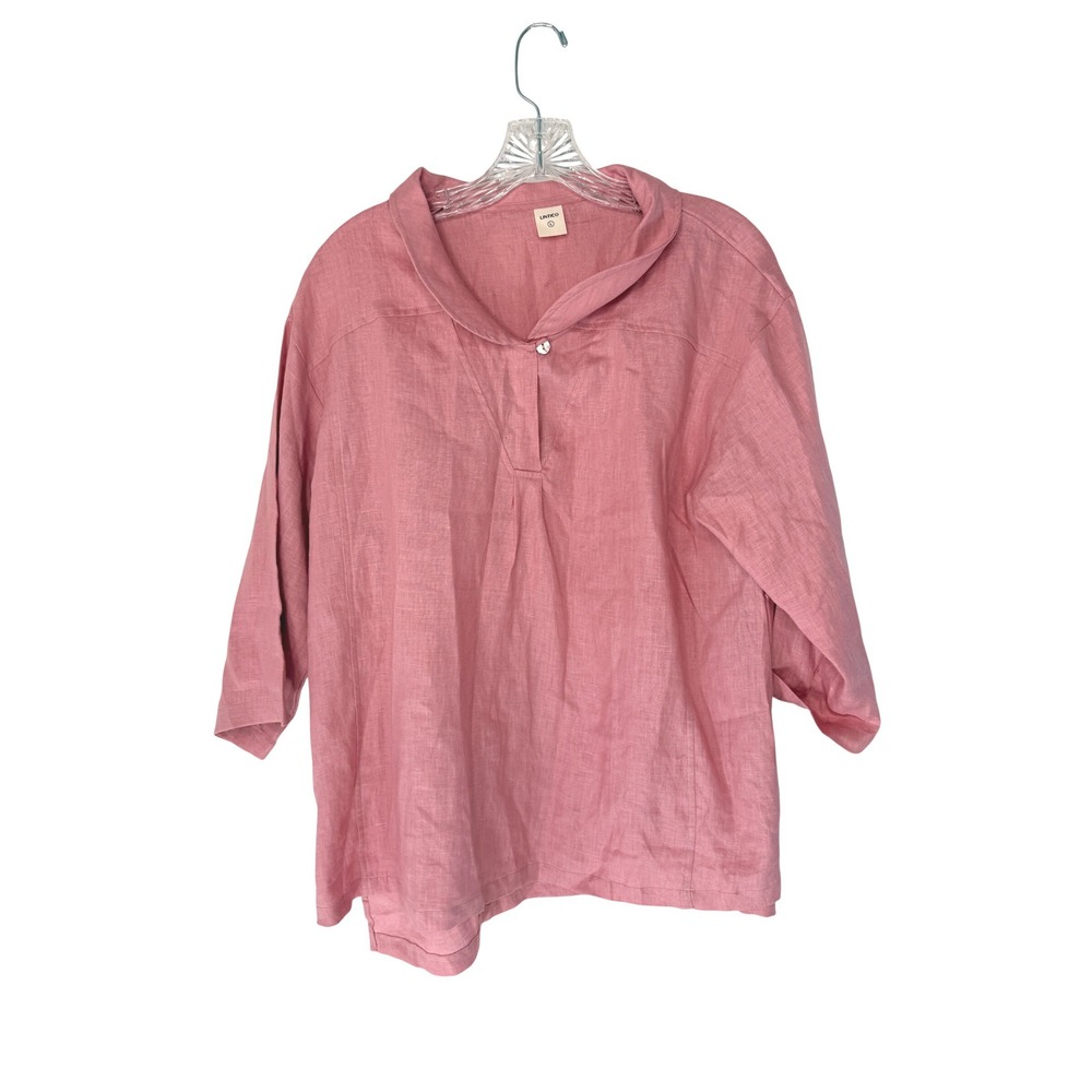 Lintico Jade Linen Shawl V-Neck Half Sleeve Blouse Pink Relaxed Lagenlook Large